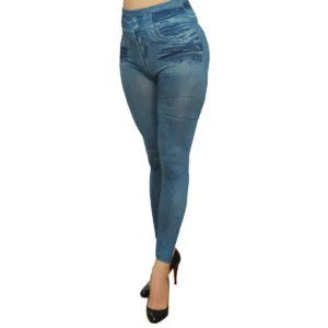 legging azul justo elástico confortável efeito jeans desgastado marcações bolsos traseiros cintura alta modelagem compressão feminino fitness urbano versátil macio