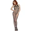 bodystocking arrastão preto costas nuas virilha aberta sem mangas nylon transparente elástico sensual justo decote