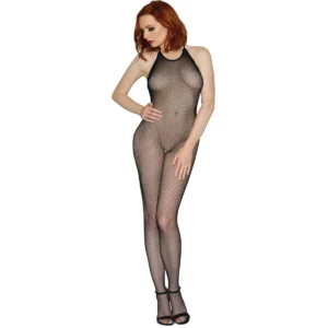 bodystocking arrastão preto costas nuas virilha aberta sem mangas nylon transparente elástico sensual justo decote