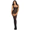 body rendado preto padrão floral meias ligadas suspensórios fixos ajustáveis laços cetim decote profundo detalhe costas laço grande nylon sensual