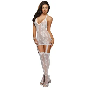 combinação renda branca floral borda corpete efeito sensual meias ligas fixas sem fio dental nylon elastano