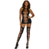 bodystocking preto opaco recortes frente costas estilo espartilho meias integradas vazado sexy sensual sofisticado nylon elastano ajustavel lingerie provocante