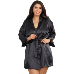 camisola dormir curta preta acetinada robe cinto tamanho grande modelagem ampla feminina suave brilho poliéster sensual elegante noite conforto