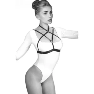arnês corpo Alyssa elástico ornamentado ajustável poliéster múltiplos regulagens extensível busto preto sensual versátil lingerie decorativo