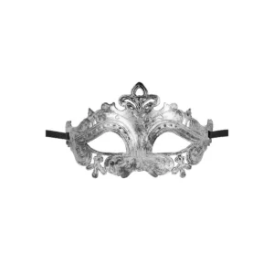 máscara prateada metálica veneziana elegante sensual misteriosa cintilante festa fantasia fita cetim ajustável leve confortável luxuosa Hamlet