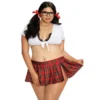 fantasia sexy tamanho grande estudante tranças óculos top branco decote renda preta mini saia xadrez fenda lateral poliéster