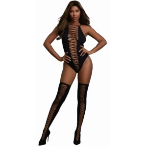 body opaco preto sem costura vazado frente atrás fio dental cruzamentos decorado meias combinando sensual nylon elastano