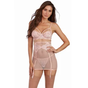 conjunto renda rosa champanhe malha três peças sutiã aro copas ornamentos tule saia cintura alta ligas removíveis tanga combinando