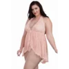 body fio dental tamanho grande rosa champanhe decote profundo renda malha fina alças amarrar pescoço costas sedutor efeito camisola