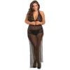 camisola longa tamanho grande preta transparente fenda profunda renda decote pronunciado tanga inclusa sensual elegante leve