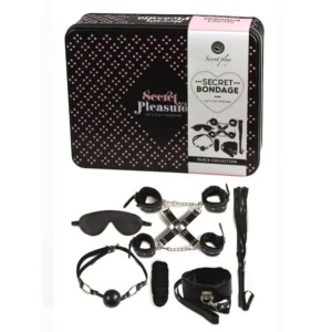 Kit Bondage BDSM couro sintético vegano preto caixa metálica iniciantes chicote algemas tornozeleiras venda mordaça corda 10m colar forro macio