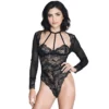 body preto renda fio dental decotado profundo frontal costas ornamentado peito mangas compridas malha fina sexy elegante nylon elastano