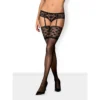 meias liga pretas rendadas faixa larga floral transparente flexíveis elásticas poliamida elastano acabamento suave ajuste sensual