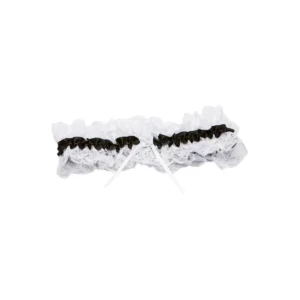 liga renda branca fita preta cetim contrastante sensual delicada elegante ajustada coxa cerimônia lingerie noiva elastano poliéster confortável