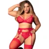 conjunto lingerie sensual romântico vermelho renda sutiã laço cetim cinta liga fio dental tanga curvilínea voluptuosa elastano nylon