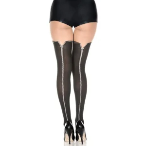 meia calça fantasia imitação meias pretas semiopacas efeito zíper traseira parte superior pele sensual nylon elastano
