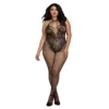 Bodystocking Tamanho grande em rede no estilo Body com lindo decote com tiras - DG0326XBLK