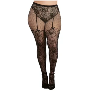 meia calça tamanho grande renda rede estilo calcinha cintura alta ligas desenhadas laços cetim fina transparente nylon elastano