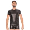 camiseta couro sintético preta sensual ajustada elástica confortável aparência realista brilhante resistente leve acabamento reforçado composição poliéster elastano coleção fantasia