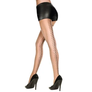 meia calça sexy bege preta nylon estampada traseira losango efeito amarração linha costura transparente sensual elegante sofisticada
