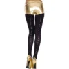 meia calça preta opaca toque suave tachas douradas linha costas vertical elegante sofisticada nylon elastano brilho discreto festa noite