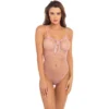body rosa decotado malha fina rede bolinhas renda copas laço cetim entre seios alças finas sensual nylon elastano