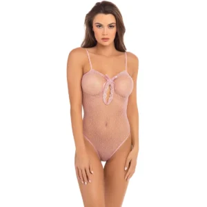 body rosa decotado malha fina rede bolinhas renda copas laço cetim entre seios alças finas sensual nylon elastano