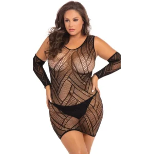 vestido camisola rede sensual preto tamanho grande estilo crochê luvas combinando mangas ajustadas transparente sedutor nylon elastano