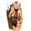 corpete sensual sexy rendado preto ajustado decote profundo alças pescoço tira estreita costas ajuste ideal curvas nylon elastano