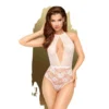 body renda romântica clássica malha floral cintura marcada decote gota profundo costas alças pescoço abertas sedutora sensual branco