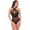 body renda floral preto rede fina alças largas cruzadas pescoço costas nuas aberto virilha sem bojo ajuste elastano nylon