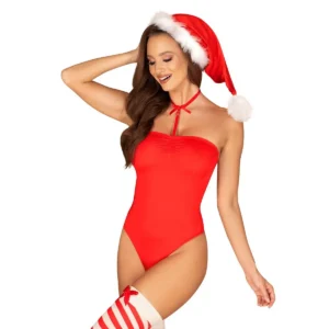 body vermelho sexy sensual natalino festivo Mamãe Noel gorro meias gargantilha silicone faixa busto poliamida elastano