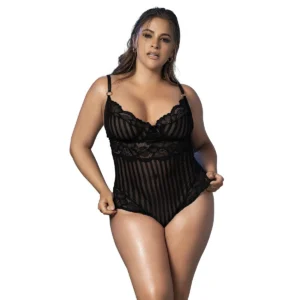 Body renda preta listrada malha fina tamanhos grandes Mapalé alças ajustáveis fecho gancho costas virilha sensual transparente nylon elastano