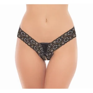 fio dental preto aberto laço frontal renda floral sensual elegante nylon elastano confortável ajuste cintura baixa lingerie sexy