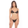 Conjunto renda fina preta sutiã semiaberto laços cetim alças ajustáveis costas tanga semiaberta frente transparente sensual nylon elastano