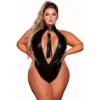 Body couro sintético tamanho grande elástico colar cravejado tachas prateadas anéis fecho velcro decote profundo costas nuas chicote removível