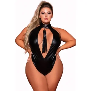 Body couro sintético tamanho grande elástico colar cravejado tachas prateadas anéis fecho velcro decote profundo costas nuas chicote removível