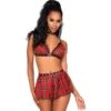 fantasia colegial sutiã xadrez vermelho renda preta couro ilhós alças ajustáveis costas mini saia plissada cinto fivela gargantilha