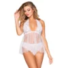 babydoll renda branca rede costas fecho tanga preta laço traseiro sensual noite romântica lingerie transparente nylon elastano