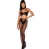 Conjunto lingerie duas peças sutiã tiras costas nuas fecho pescoço pressão meias pretas fio dental integrado nylon elastano