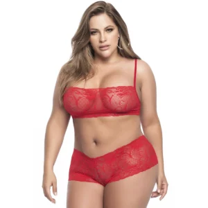 Conjunto lingerie tamanho grande vermelho renda top bustiê mini alças ajustáveis shorty modelador nádegas sensual macio coleção Mapalé nylon elastano