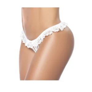 Calcinha aberta renda floral branca babado laço decorativo sensual delicada transparente leve poliamida elastano confortável