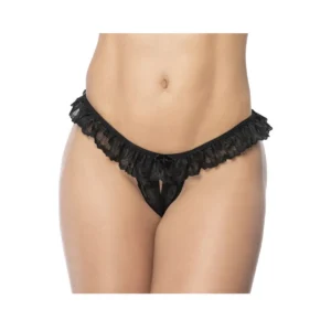 calcinha aberta preta renda floral babado laço decorativo sensual delicada transparente macia elastano poliamida confortável feminina