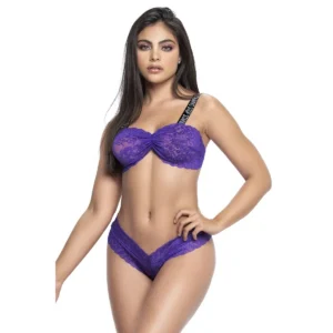conjunto renda roxa alças largas pretas estampadas sutiã floral calcinha combinando Mapalé poliamida elastano sensual suporte ajustável acinturado