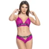 conjunto renda jovem divertido sutiã top triângulo rosa fluorescente alças ajustáveis estampadas shortinho cinto combinando galão frente costas poliamida elastano