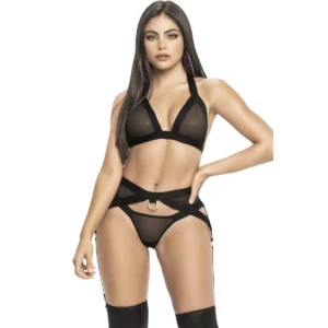 Conjunto três peças tule transparente preto top triângulo alças elásticas cinto ligas tanga aberta nádegas sensual elegante coleção Mapalé