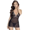 camisola curta preta renda malha elástica fina copas sustentadas anel dourado faixa sob busto alças ajustáveis costas tanga lisa combinando