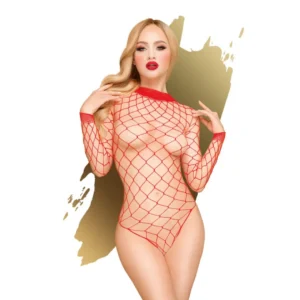 body malha larga vermelha sensual elástico ajustado curvas virilha aberta manga longa coleção nylon elastano lingerie provocante modelagem
