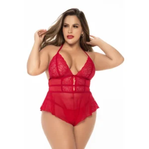Body vermelho tamanho grande estilo babydoll amarrações costas laço pescoço tanga combinando nylon elastano