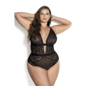 body preto tamanho grande renda rede alças ajustáveis laço acetinado costas poliamida elastano modelagem sensual elegante